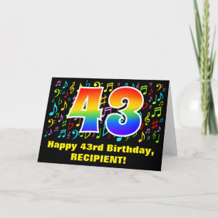 43rd Birthday: Colourful Music Symbols & Rainbow 4 Card