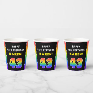 43rd Birthday: Colourful Rainbow # 43, Custom Name Paper Cups