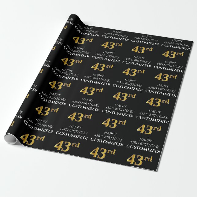 43rd Birthday: Elegant, Black, Faux Gold Look Wrapping Paper (Unrolled)