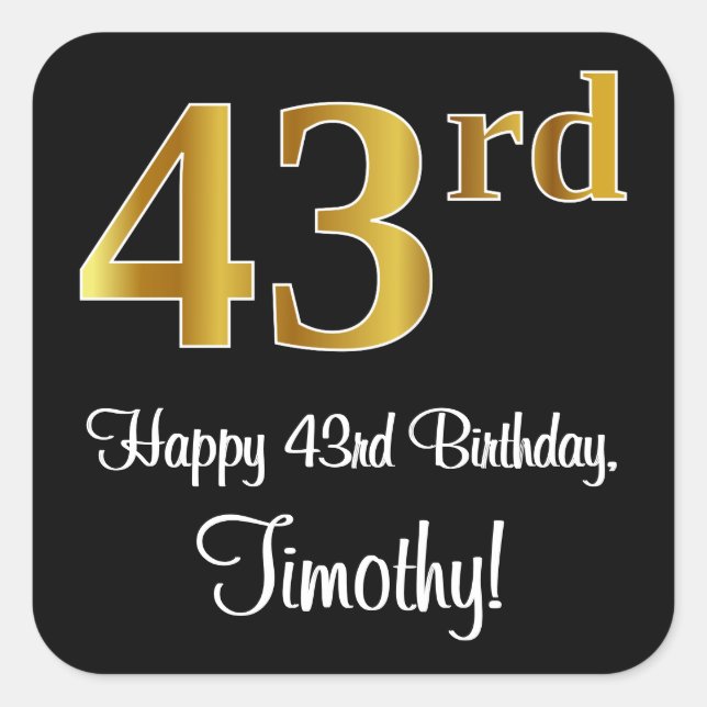 43rd Birthday – Elegant Luxurious Faux Gold Look # Square Sticker (Front)
