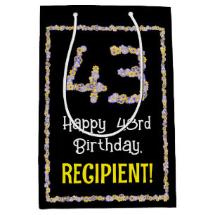 43rd Birthday: Floral Flowers Number, Custom Name Medium Gift Bag