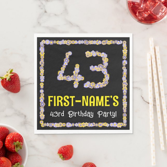 43rd Birthday: Floral Flowers Number, Custom Name Napkin (Insitu)