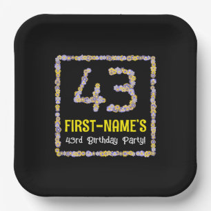 43rd Birthday: Floral Flowers Number, Custom Name Paper Plate