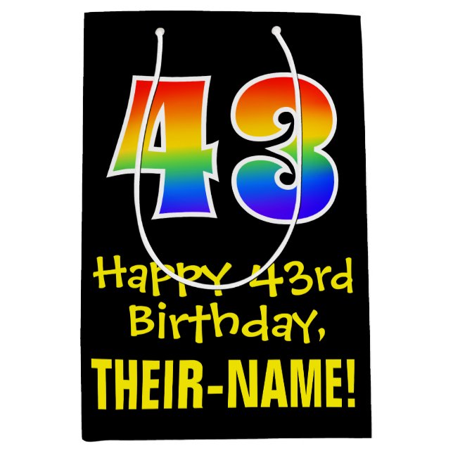 43rd Birthday: Fun, Bold, Colourful, Rainbow "43" Medium Gift Bag (Front)