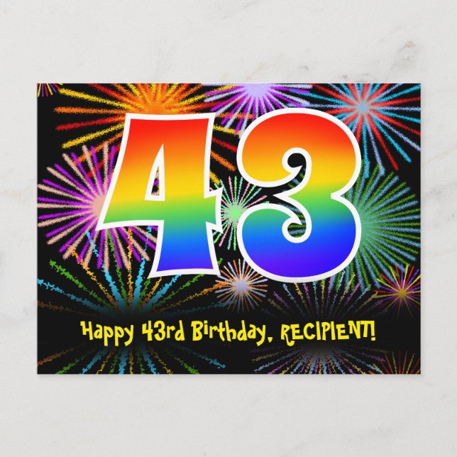43rd Birthday – Fun Fireworks Pattern + Rainbow 43 Postcard (Front)