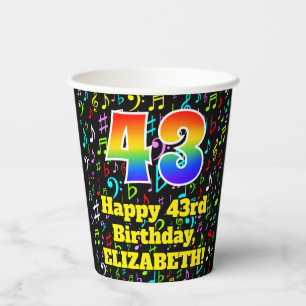 43rd Birthday: Fun Music Notes Pattern, Rainbow 43 Paper Cups