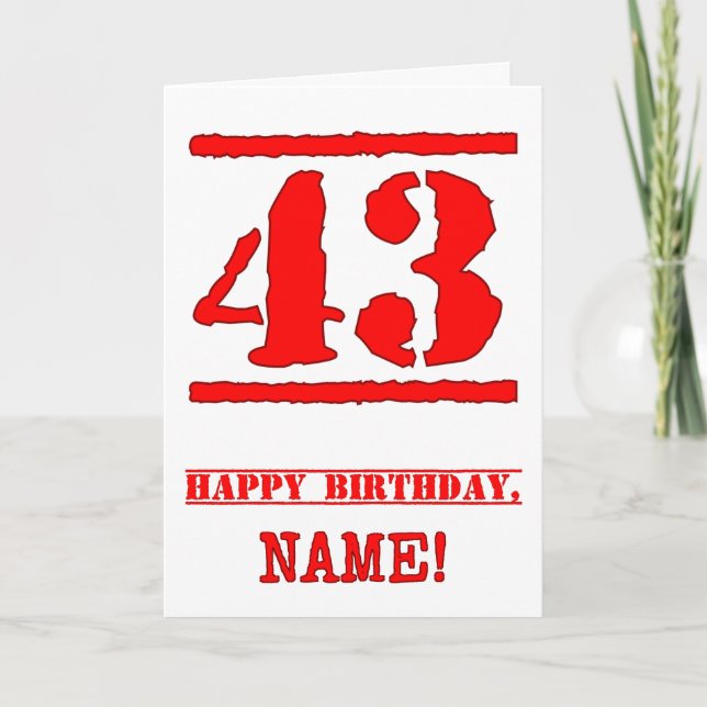 43rd Birthday: Fun, Red Rubber Stamp Inspired Look Card (Front)