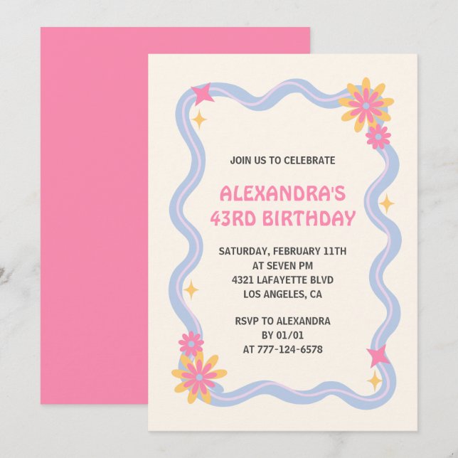 43rd birthday invitation Retro Groovy Pink Flowers (Front/Back)