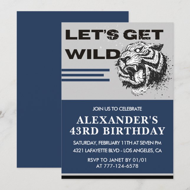 43rd birthday invitations Men Tiger Let's Get Wild (Front/Back)