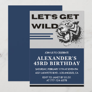 43rd birthday invitations Men Tiger Let's Get Wild