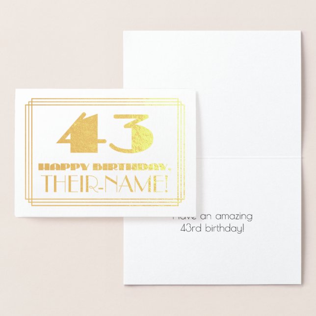 43rd Birthday; Name + Art Deco Inspired Look "43" Foil Card (Display)