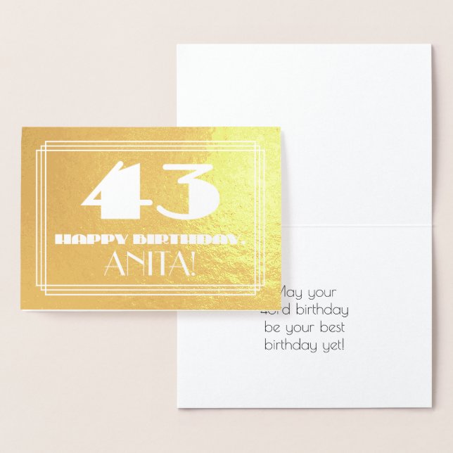 43rd Birthday: Name + Art Deco Inspired Look "43" Foil Card (Display)