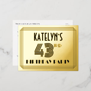 43rd Birthday Party ~ Art Deco Style “43” + Name Foil Invitation Postcard