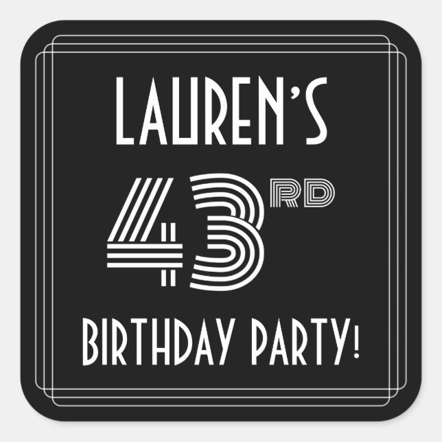 43rd Birthday Party: Art Deco Style & Custom Name Square Sticker (Front)