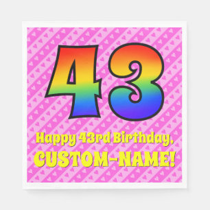 43rd Birthday: Pink Stripes & Hearts, Rainbow # 43 Napkin