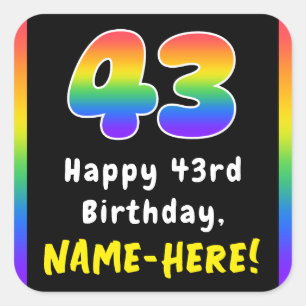 43rd Birthday: Rainbow Spectrum # 43, Custom Name Square Sticker