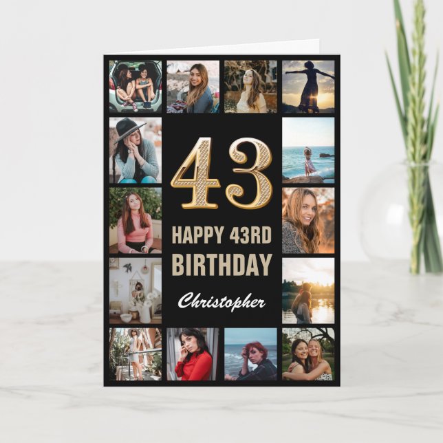 43rd Happy Birthday Black and Gold Photo Collage Card (Front)