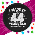 44 Year Old Sarcastic Meme Funny 44th Birthday Paper Plate<br><div class="desc">This funny 44th birthday design makes a great sarcastic humour joke or novelty gag gift for a 44 year old birthday theme or surprise 44th birthday party! Features 'I Made it to 44 Years Old... Nothing Scares Me' funny 44th birthday meme that will get lots of laughs from family, friends,...</div>