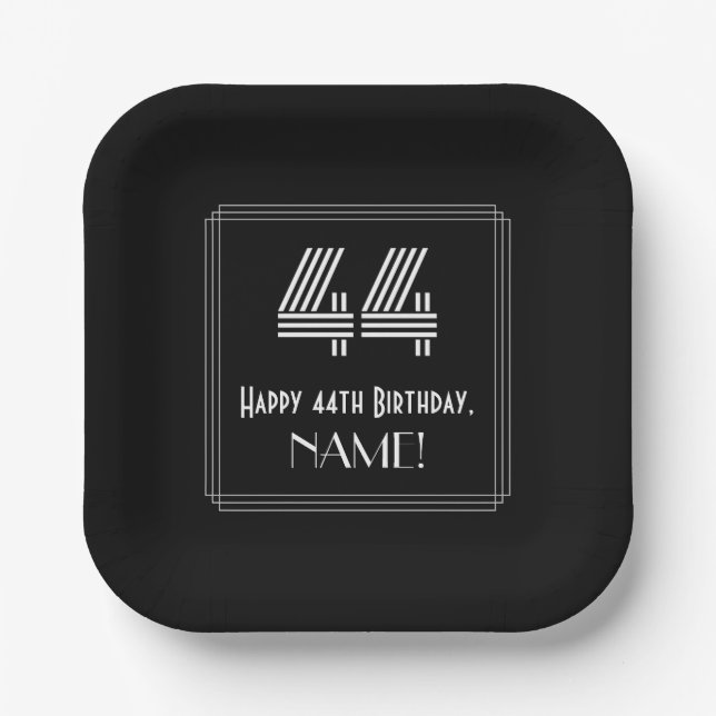 44th Birthday — Art Deco Inspired Look “44” + Name Paper Plate (Front)