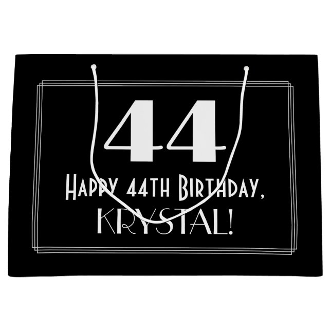 44th Birthday: Art Deco Inspired Style "44", Name Large Gift Bag (Front)
