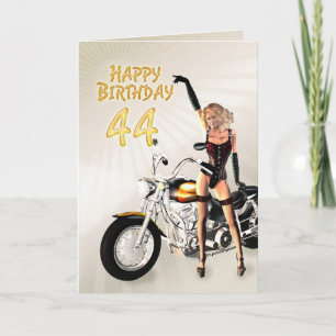 44th Birthday card with a motorbike girl