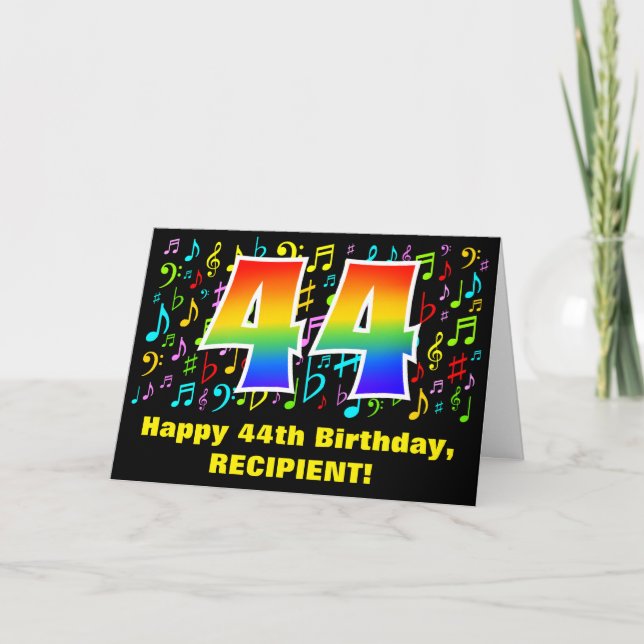 44th Birthday: Colorful Music Symbols & Rainbow 44 Card (Front)