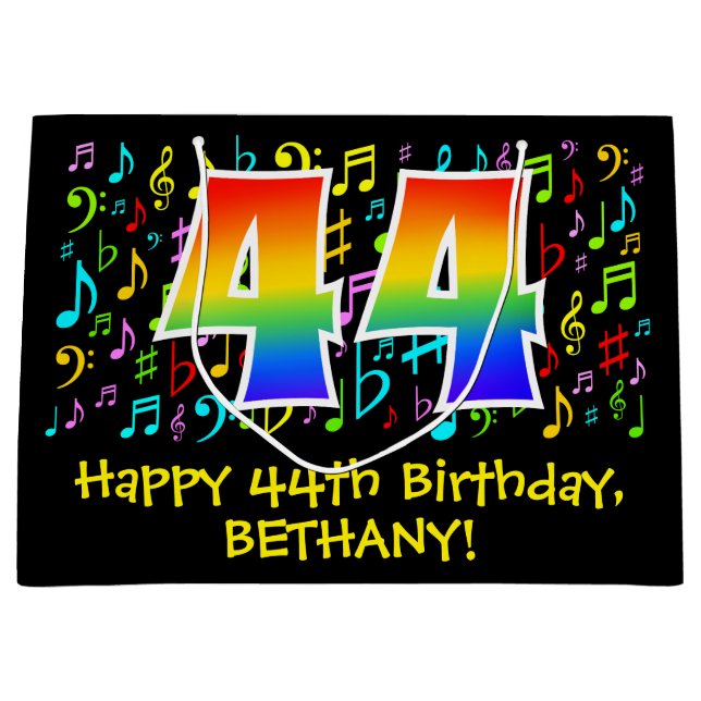 44th Birthday - Colourful Music Symbols, Rainbow 4 Large Gift Bag (Front)