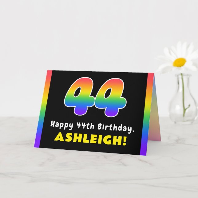 44th Birthday: Colourful Rainbow # 44, Custom Name Card (Small Plant)