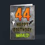 44th Birthday: Eerie Halloween Theme   Custom Name Card<br><div class="desc">The front of this scary and spooky Hallowe’en themed birthday greeting card design features a large number “44”, along with the message “HAPPY BIRTHDAY, ”, and an editable name. There are also depictions of a bat and a ghost on the front. The inside features a custom birthday greeting message, or...</div>