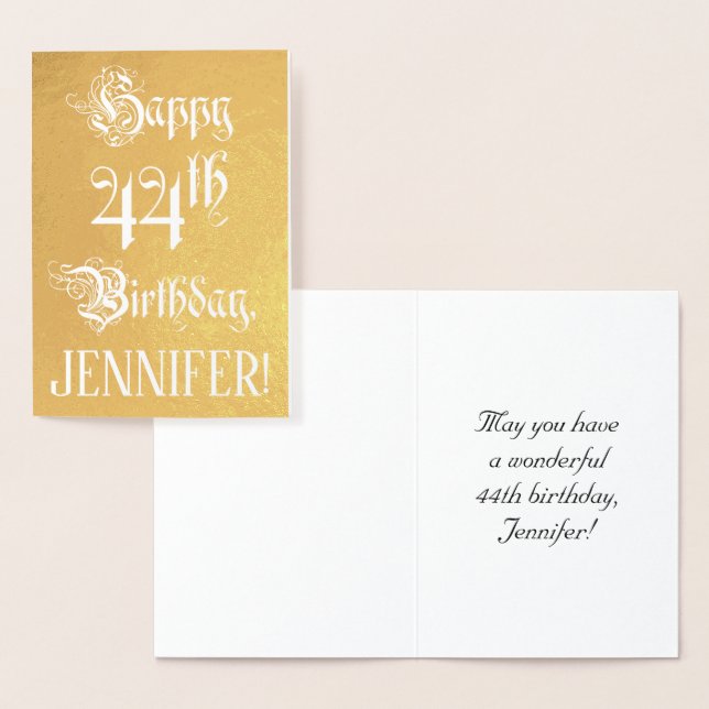 44th Birthday: Elegant, Ornate Script; Custom Name Foil Card (Display)