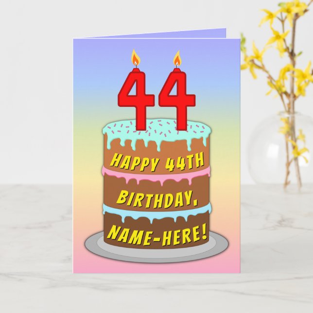 44th Birthday — Fun Cake & Candles, w/ Custom Name Card (Yellow Flower)