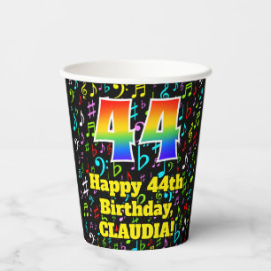44th Birthday: Fun Music Notes Pattern, Rainbow 44 Paper Cups
