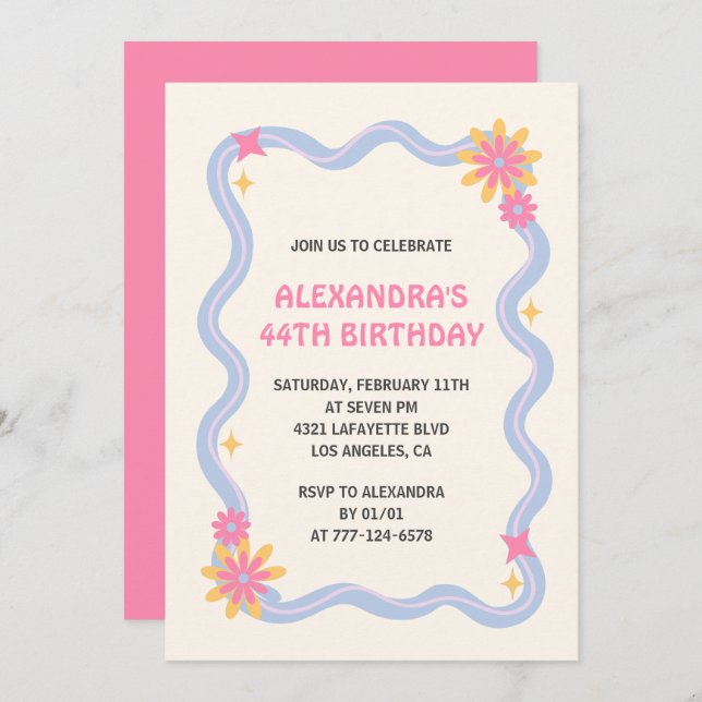 44th birthday invitation Retro Groovy Pink Flowers (Front/Back)