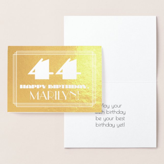 44th Birthday: Name + Art Deco Inspired Look "44" Foil Card (Display)
