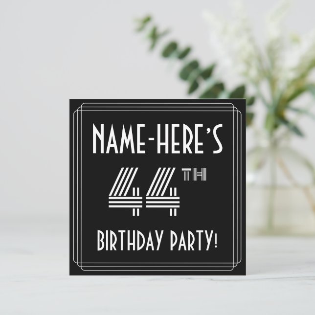 44th Birthday Party: Art Deco Style w/ Custom Name Invitation (Standing Front)
