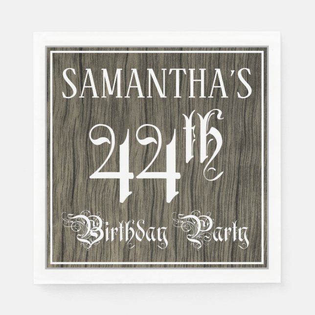 44th Birthday Party — Fancy Script, Faux Wood Look Napkin (Front)