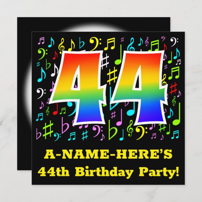 44th Birthday Party: Fun Music Symbols, Rainbow 44 Invitation (Front/Back)