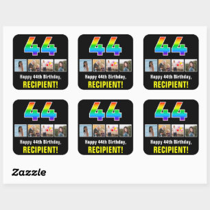 44th Birthday: Rainbow “44”; Custom Photos & Name Square Sticker