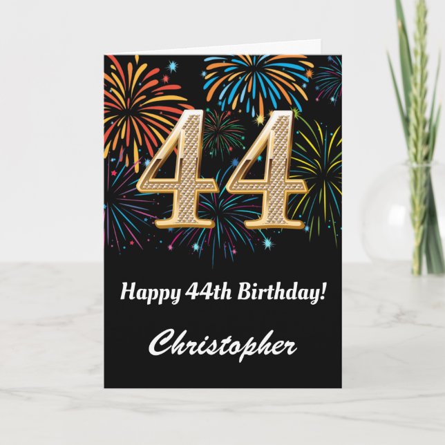 44th Birthday Rainbow Fireworks Black and Gold Card (Front)