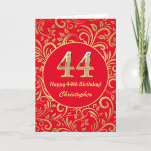 44th Birthday Red and Gold Floral Pattern Card