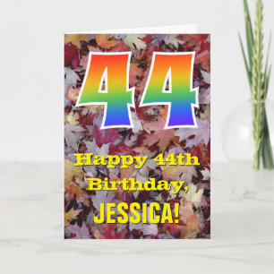 44th Birthday; Rustic Autumn Leaves; Rainbow "44" Card