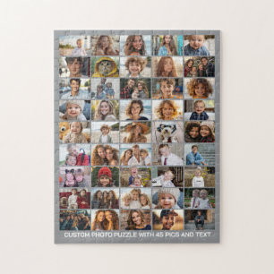 45 Photo Collage - Custom Text - Grey and White Jigsaw Puzzle
