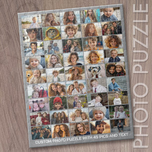 45 Photo Collage - Custom Text - Grey and White Jigsaw Puzzle