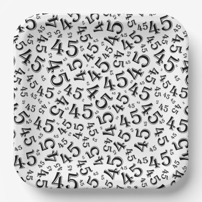 45 Random Number Pattern Black/White Paper Plate (Front)