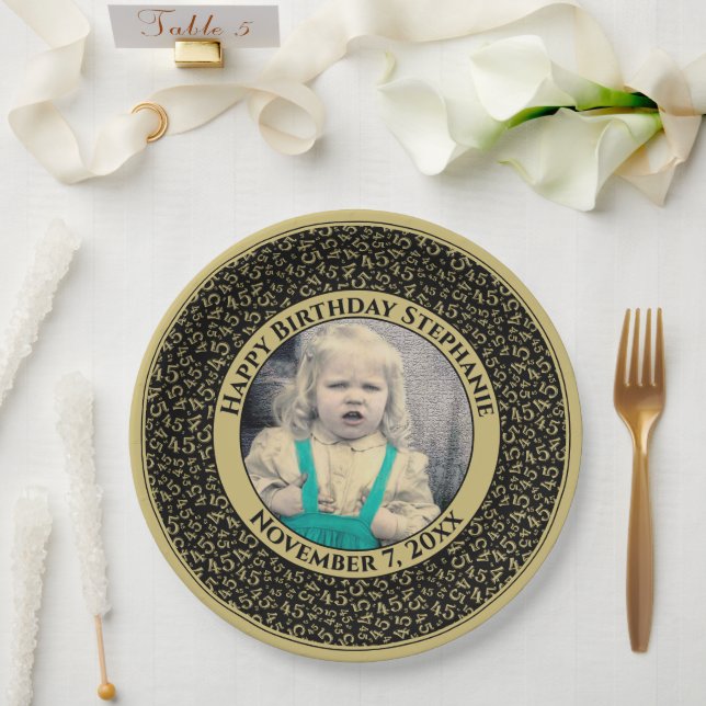 45 Your Photo Random Number Pattern  Black/Gold Paper Plate (Wedding)