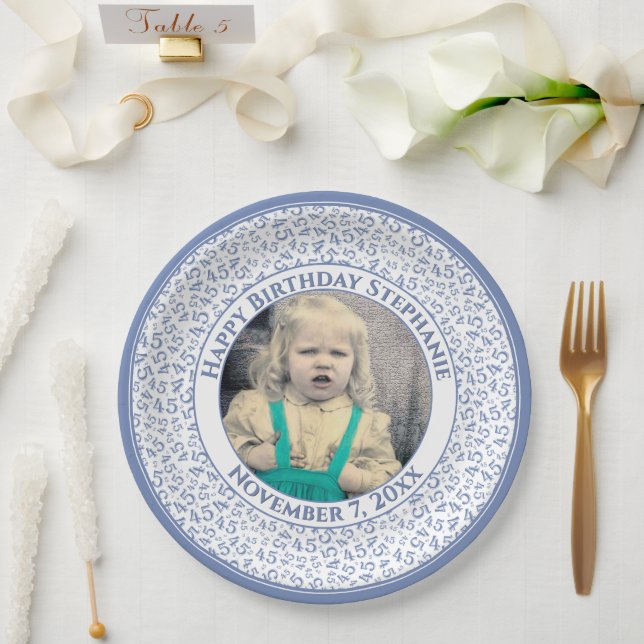 45 Your Photo Random Number Pattern Blue/White Paper Plate (Wedding)