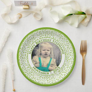 45 Your Photo Random Number Pattern Green/White Paper Plate
