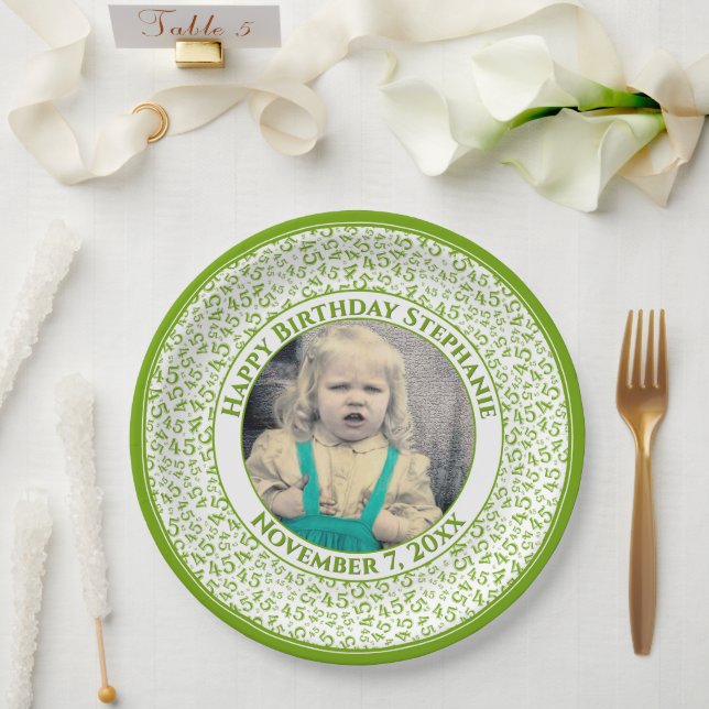 45 Your Photo Random Number Pattern Green/White Paper Plate (Wedding)