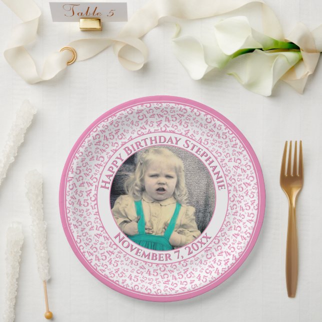 45 Your Photo Random Number Pattern Pink/White Paper Plate (Wedding)