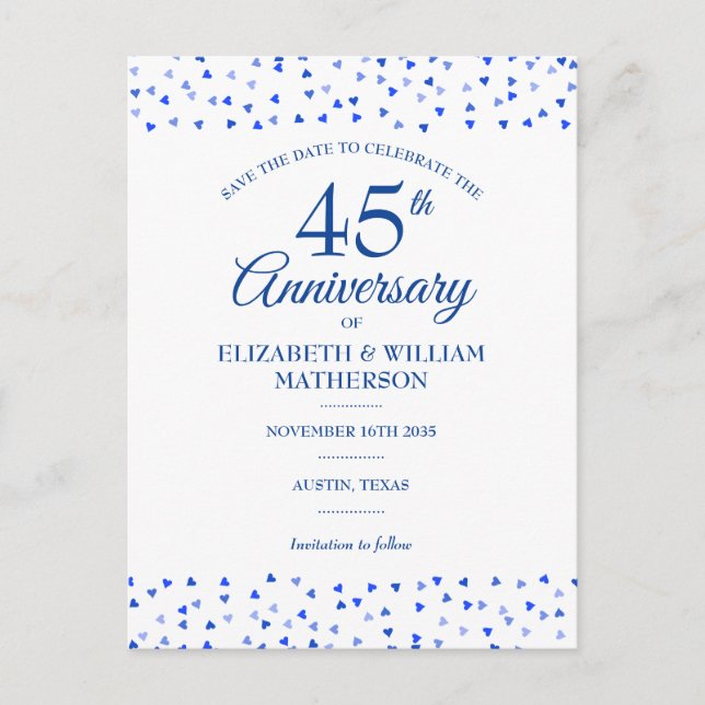 45th 65th Wedding Anniversary Hearts Save the Date Announcement Postcard (Front)